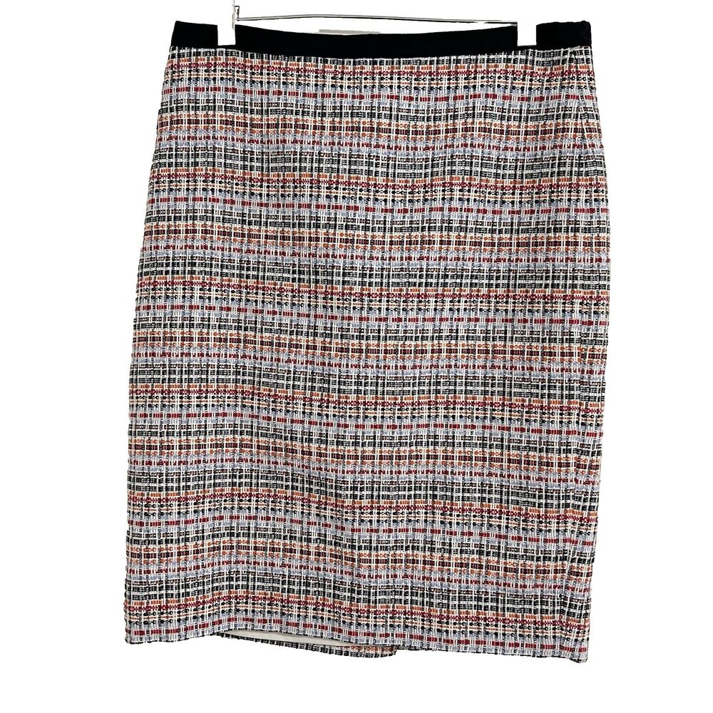 Talbots Petites Tweed Skirt Size 8P Red Blue Embroidered Pencil Career Metallic‎